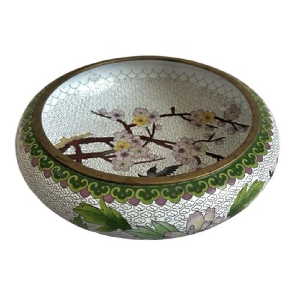 Antique Chinese Cloisonné Enamel Bowl Bird & Blossom White Decorative Bronze Art - Picture 3 of 6